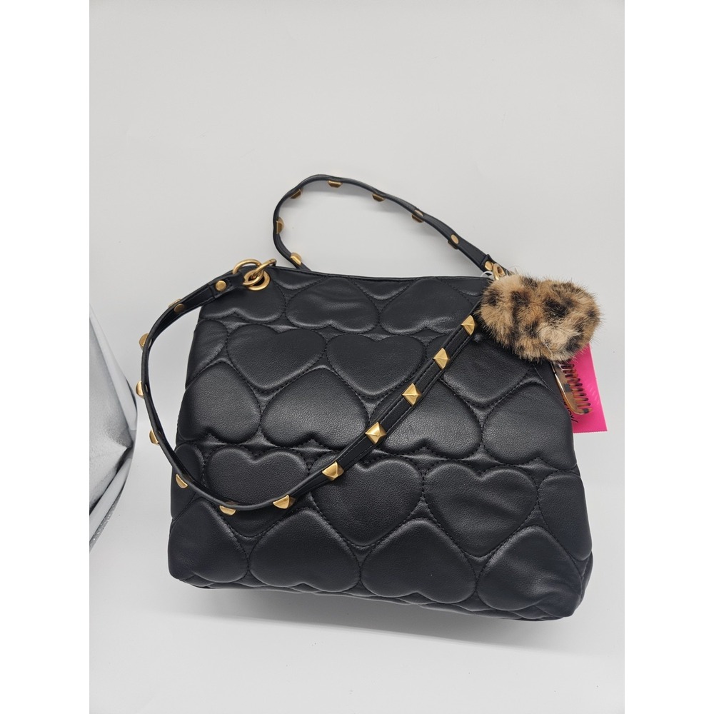 NWT Betsey Johnson Mia Satchel - Quilted‎ Hearts - Gold Studded Strap - Black